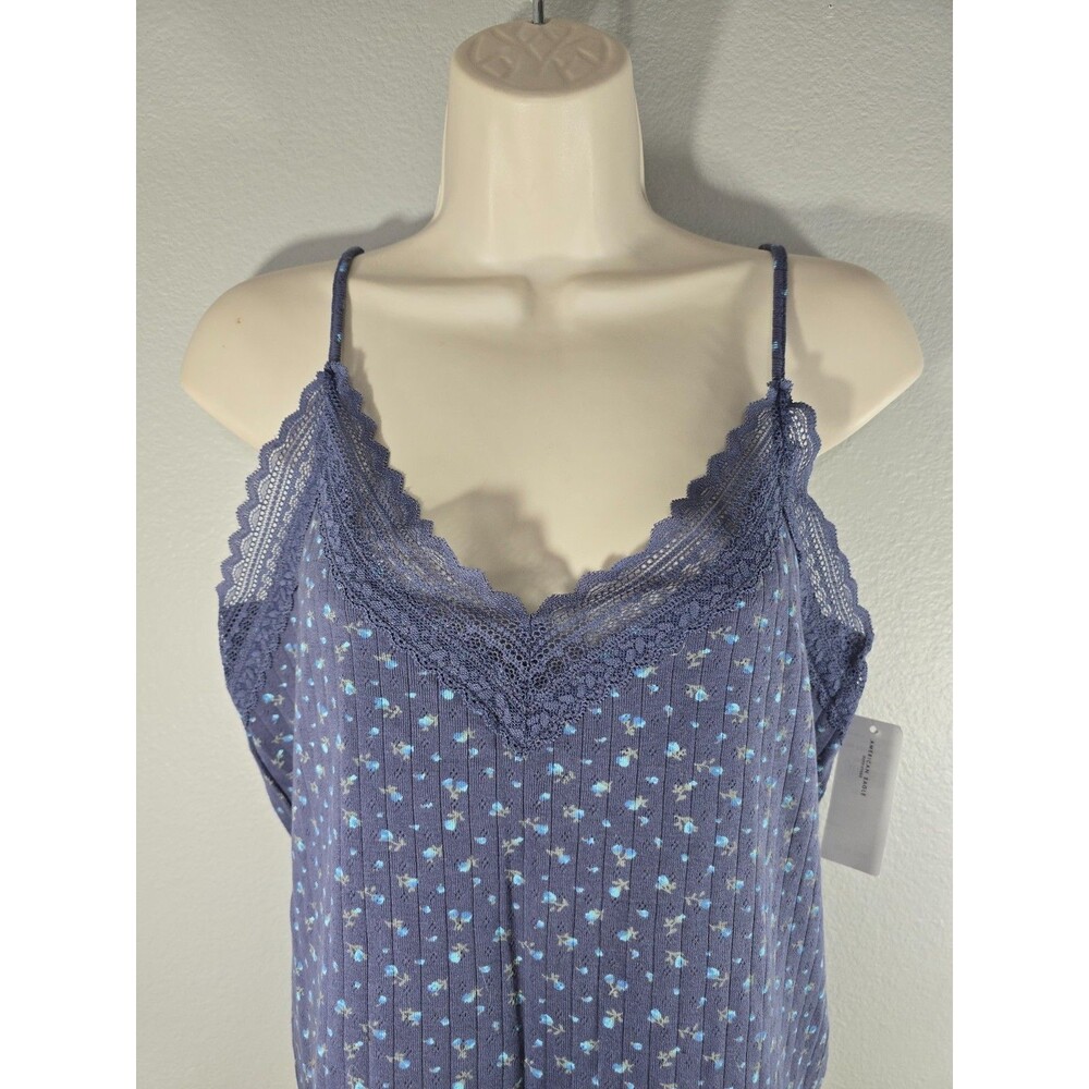 American Eagle Blue Pointelle Lace Trim Cami Tank Top Floral Coquette Sz XXL BJ - Picture 3 of 5